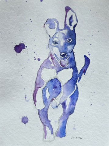 Aquarellbild  mit  rennendem Hund vor weissem Hintergrund